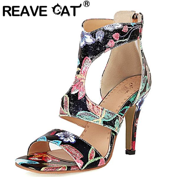 

sandals reave cat 2021 women open toe 9cm high thin heels zip patchwork exotic stylish big size 34-44 casual yellow a3709, Black