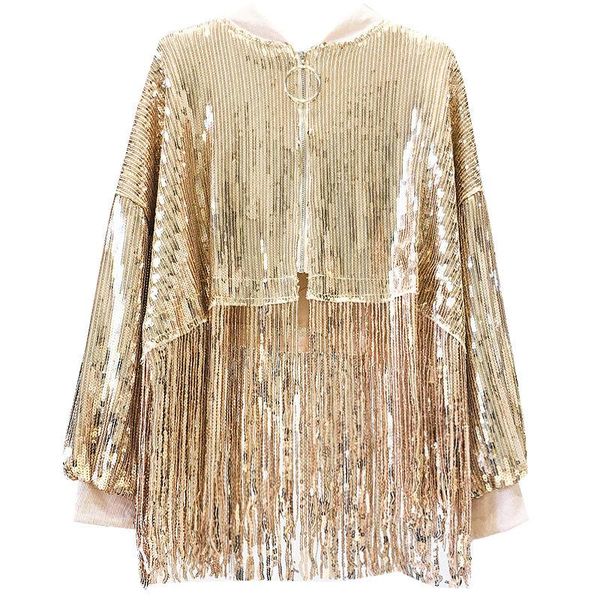 

women's vests 2021 fashion women tassel glitter sequins jacket feme streetwear autumn loose short zipper coat, Black;white