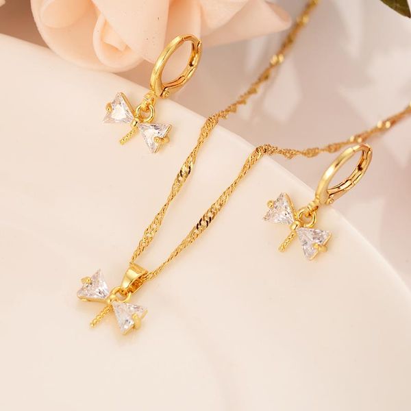 

earrings & necklace gold crystal diamond bow cute jewelry set woman/girl wedding bridal holiday gift, Silver