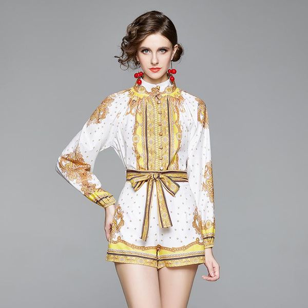 

women's two piece pants autumn woman 2pcs set vintage printed female casual blouse suit for office lady stand collar mini, White