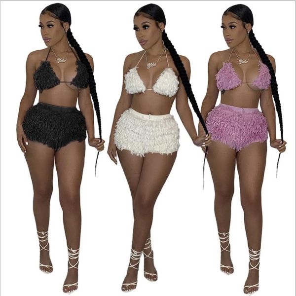

women's tracksuits 2021 winter imitation hair backless halter crop and short sets women sunday angora yarns two piece set bo, Gray