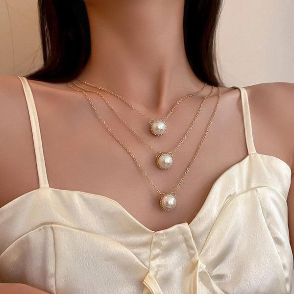 

chains trendy vintage pearl chokers personality three-layers necklace for women elegant clavicle chain bohemian beach jewelry, Silver