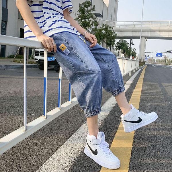 

men's jeans spring and summer 2021 trend pants casual capris elastic, Blue