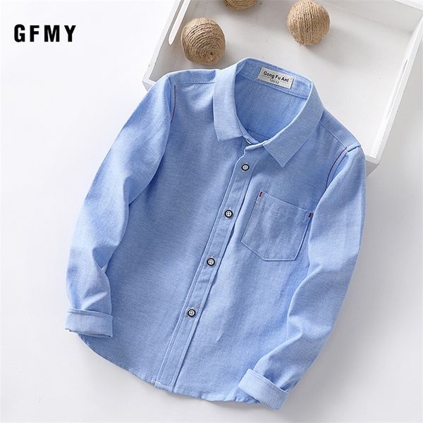 Gfmy nova primavera outono oxford têxtil manga completa cor sólida meninos azuis camisa branca camisa 3t-14t criança roupas casuais roupas 801 210306