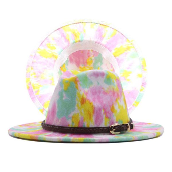 

wide brim hats trend tie dye printed colour fedora hat for women lady girl men boy dress party felt jazz cap black belt, Blue;gray