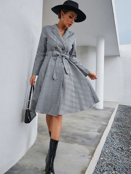

double breasted belted plaid dress q1vl#, Black;gray