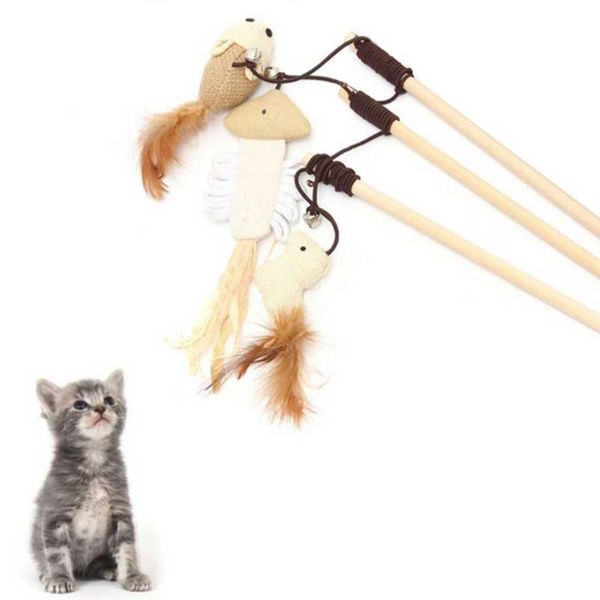 

cat toys funny pet toy kitten play length interaction teaser wand assorted linen mouse with small bell soft feather 3 types