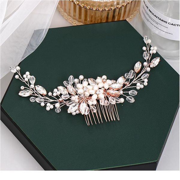

fashion rose gold wedding hair comb flower tiara handmade pearl rhinestone headdress prom bridal hair jewelr acc qylyea, Silver