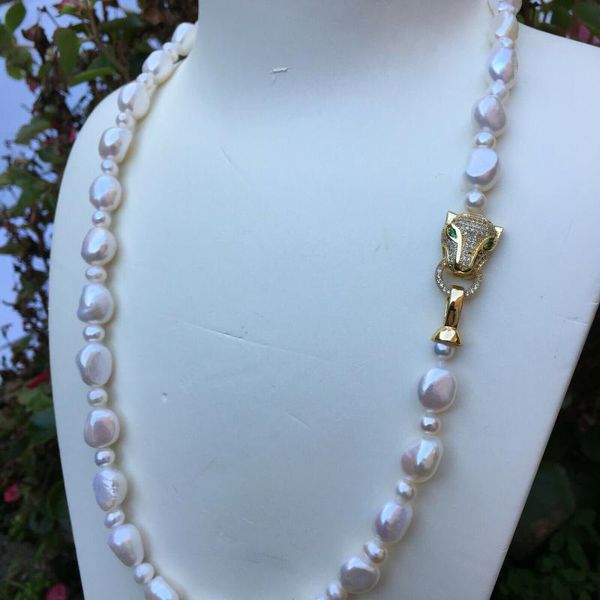 

chains handmade white freshwater baroque pearl necklace micro inlay zircon leopard head buckle accesories jewelry, Silver