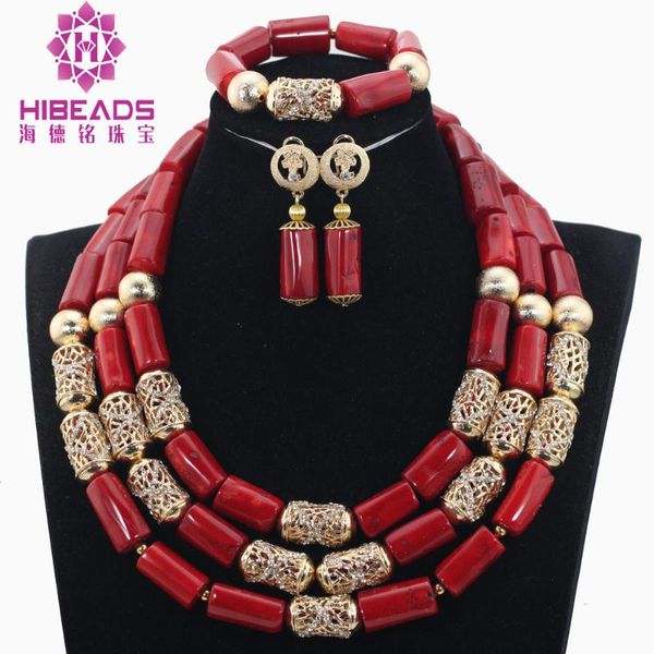 Brincos Colar Fantastic Wine Red Coral Bridal Africano Miço Jóias Conjuntos de Jóias Gold Mulheres Conjunto de Casamento Nigeriano CNR800