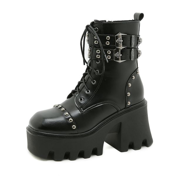 Nuove ragazze sexy catena donna stivali autunnali in pelle tacco largo gotico nero stile punk scarpe con plateau calzature femminili di alta qualità