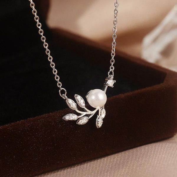

chains enshir 925 sterling silver pearl zircon leaf pendant clavicle chain necklace for women simple handmade jewelry