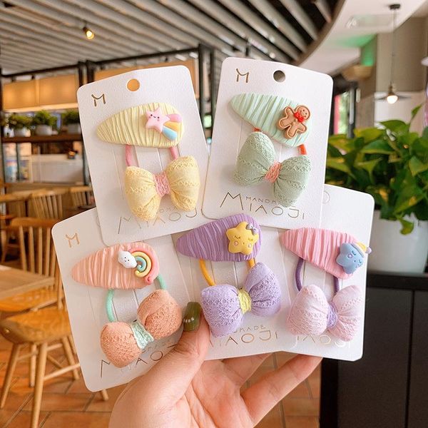 

hair accessories 2pcs children cartoon rainbow star hairpin girls fabric stuffed bow elastic band tie rope clip pin set, Slivery;white