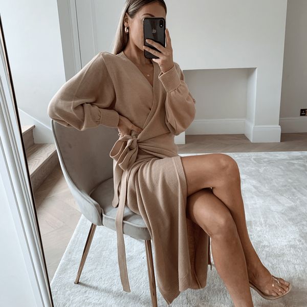 

elegant women long sleeve sweater dress autumn winter solid color v-neck lace-up midi dress for party lady slim plain long dress, Black;gray