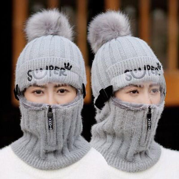 

beanie/skull caps winter knitted beanies hats women's thick warm beanie skullies hat female knit letter bonnet ski riding sets, Blue;gray