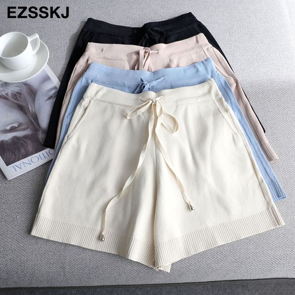 

summer knit shorts women casual knit loose short lace up chic cool straight shorts feamle short pant with pocket 210301, White;black