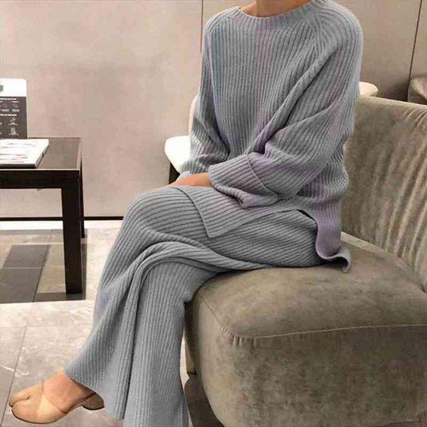 

women autumn knitted long sleeve wide leg pants set casual loose 2pc lady o-neck sleepwear suits classic solid femme, White