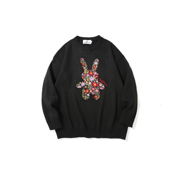 

sweater knit street fashion brand flower embroidery men's trend loose round neck bf lazy style pullover, White;black