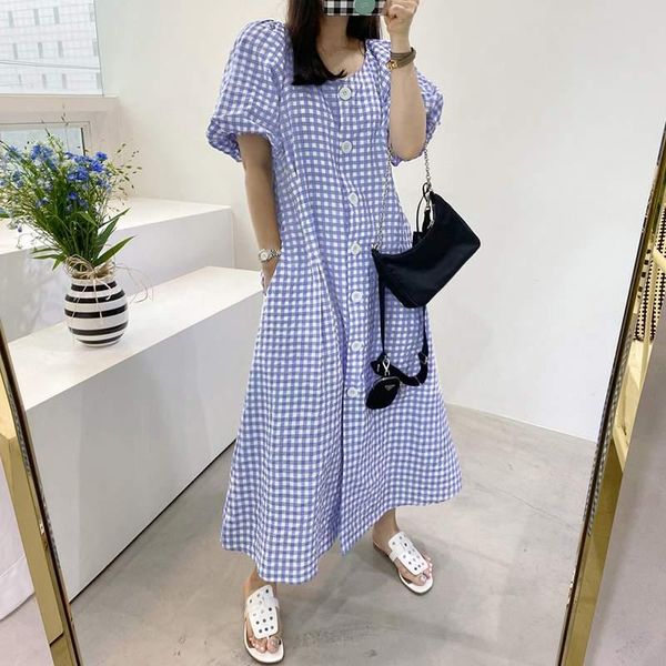 

party dresses stylish a-line midi robe femme summer sundress 2021 printed grid dress zanzea casual puff sleeve maxi vestidos sarafans oversi, White;black