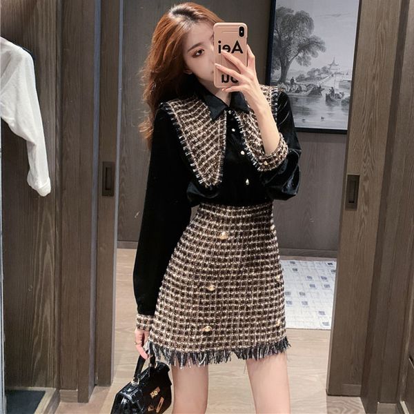 

new women 2021 spring autumn two piece suit outfits female long-sleeved veet blouse + high waist mini-skirt elegant sets a55091q6, Black;gray