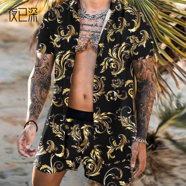 

2021 spring short sleeve printed shirt loose set men's wear, Gray;blue
