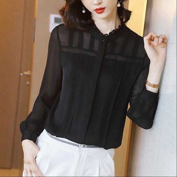

womens blouses spring summer style lace shirt solid color o neck button long sleeve elegant casual dd8596, White