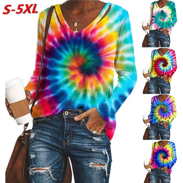 

2021 new women t-shirts casual v neck tie dye print long sleeve loose t-shirt autumn gradient contrast color tshirts femme plus size k0, White