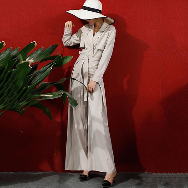 

women's jumpsuits & rompers fashion apricot long-sleeved double-breasted tie slim one-piece wide-leg pants woman casual simple tide aut, Black;white