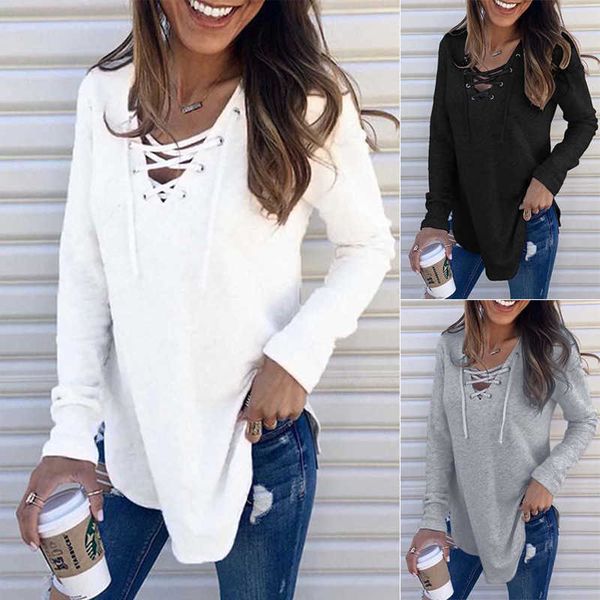 

color new solid v-neck cross tie long sleeve t-shirt, White