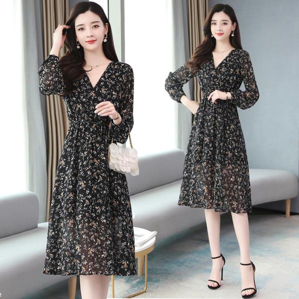 

casual dresses long skirt female summer chiffon floral dress super fairy forest spring and autumn section, Black;gray
