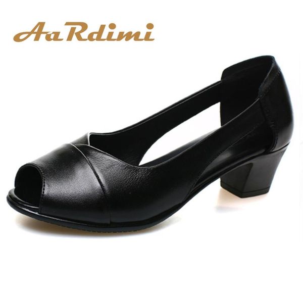 

dress shoes aardimi women summer sandals genuine leather high heeled platform woman casual office slip on mother female, Black