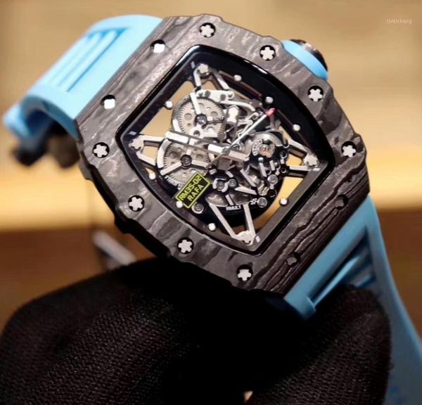 

wristwatches red black blue rubber men watch sapphire automatic mechanical carbon fiber tourbillion calendar skeleton tpt, Slivery;brown