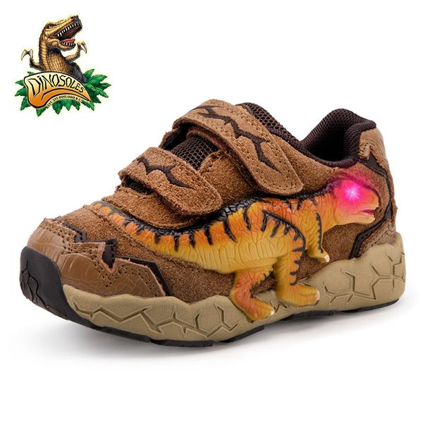

dinoskulls 3- years boys dinosaur glowing sneakers autumn kids led sports shoes with light leather children's t-rex shoes 210308, Black