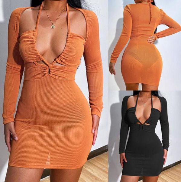 

casual dresses summer hollow out design women's package hip dress adults female solid color halter neck long sleeve clubwear daily blac, Black;gray