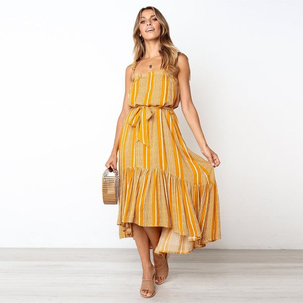 

casual dresses sling stripe print sleeveless ruffle long dress women clothes summer boho high waist bandage slash neck beach, Black;gray