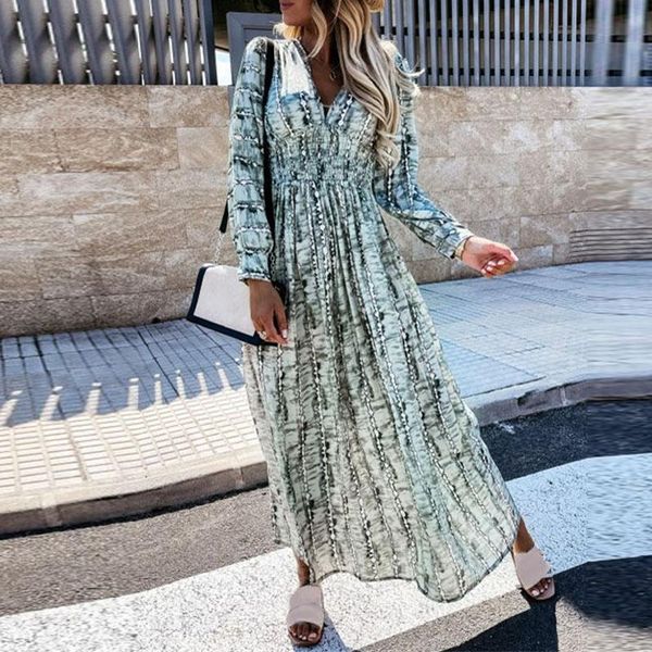 

casual dresses women v neck office lady long dress spring pattern printed loose maxi 2021 autumn sleeve high waist boho, Black;gray