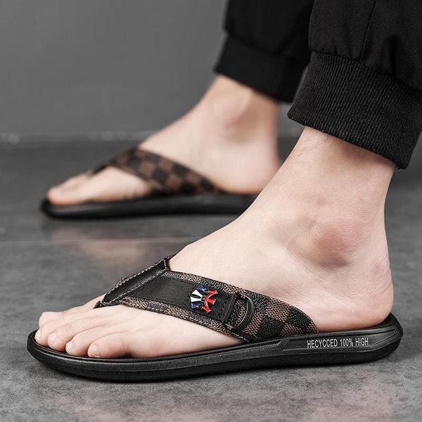 

luxury grid pattern slippers genuine leather designer rubber slide sandal slipper men black white non-slip gray gear bottoms fli