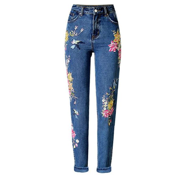

women's jeans stereoscopic 3d front back fine embroidery bird flower straight high waist large size 34 -44, Blue