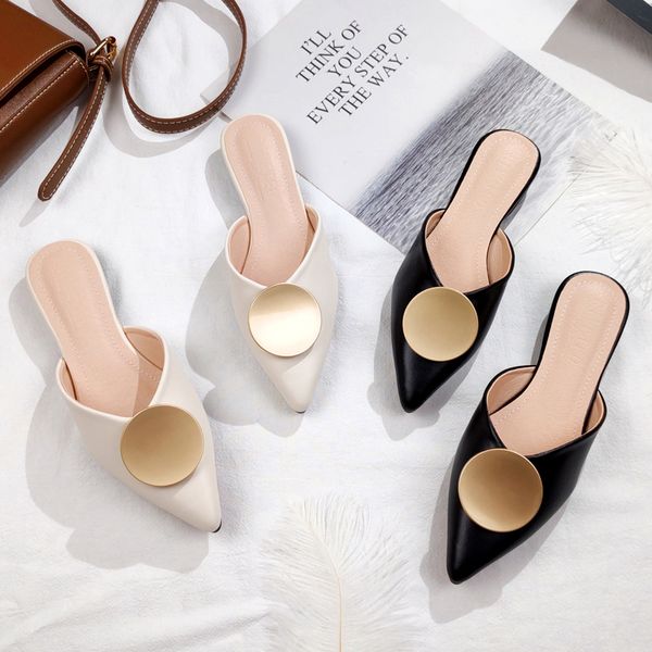 

2020 summer new fashion baotou slipper slippers womens pointed flat lazy wear a pedal mules shoes, Black