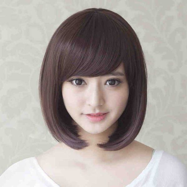 

natural bobo head oblique bangs short hair wig female, Black