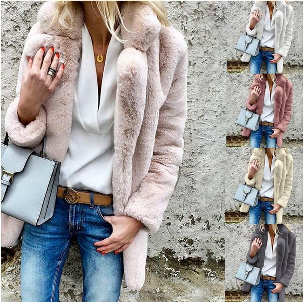 

autumn winter long coat women new fluffy solid color long sleeve cardigan pocket warm casual outerwear plush office lady jacket, Black