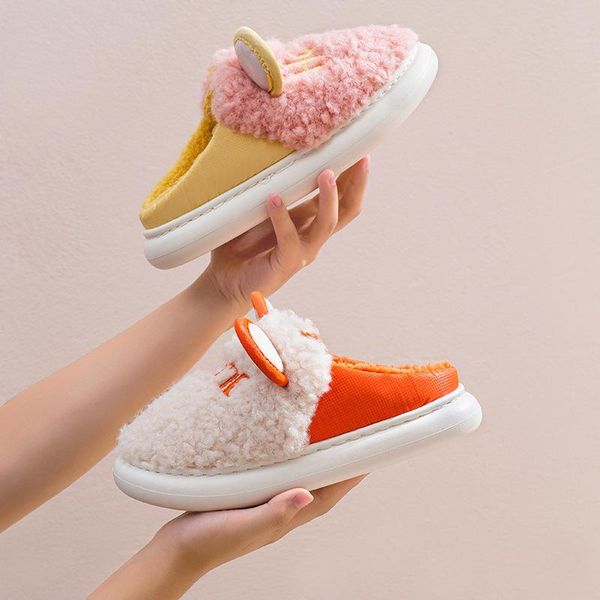 

slippers 2021 women soft bottom house slides outdoor non-slip warm plush female winter fluffy couples indoors home flat shoes, Black