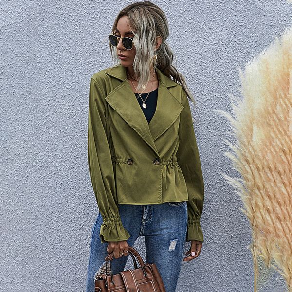 

2021 fashoin high waist flare sleeve short women new autumn winter streetwear two buttons female jacket coat army green mgmw, Black;brown