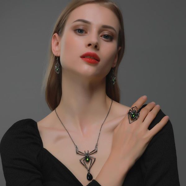 

earrings & necklace europe and the united states halloween jewelry exaggerated three - piece spider ring vintage set, Silver