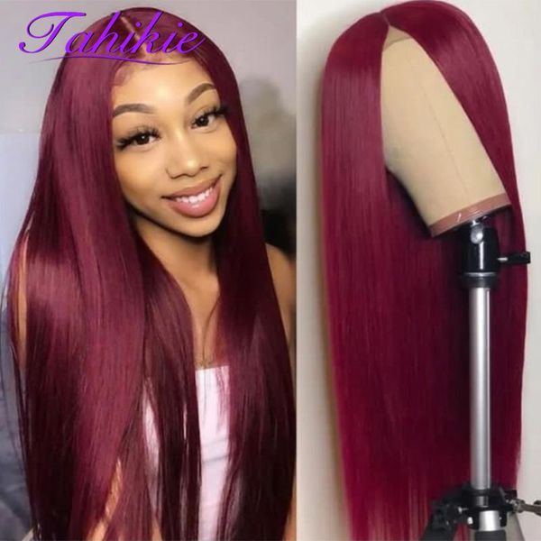 

lace wigs straight 99j front wig 13x1 closure colored human hair transparent red brazilian remy tahikie, Black;brown