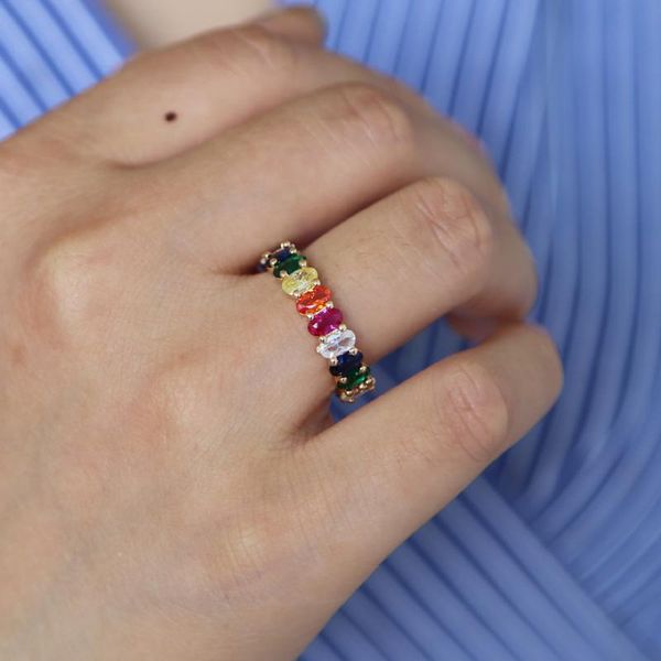 

wedding rings sparking cz oval inlay handmade cut rainbow cubic zircon gradient color gold filled colorful ring for girls, Slivery;golden