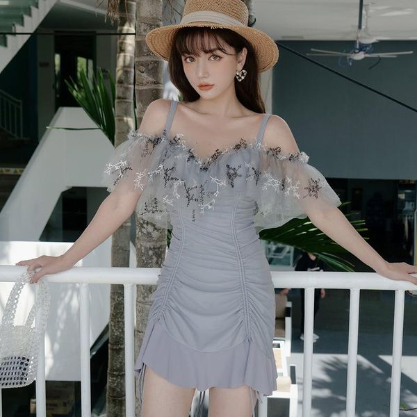 

one piece swimsuit for women ladies beachwear suit 2021 new shoulder girl korea ins with back solid polyester sierra surfer 1