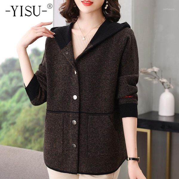 

men's jackets yisu long autumn winter sweater cardigan women hooded collar coat female casual single breasted knitted, Black;brown