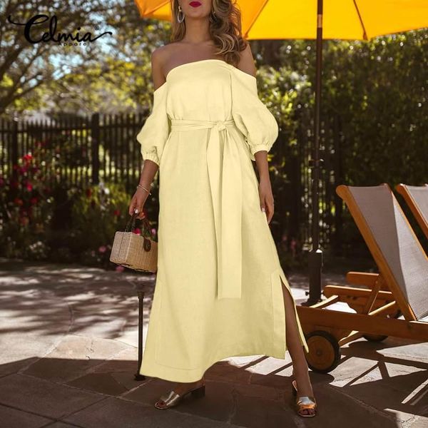 

casual dresses s-5xl plus size women split hem sundress celmia party off shoulder maxi long dress puff sleeve loose vestidos with belted rob, Black;gray