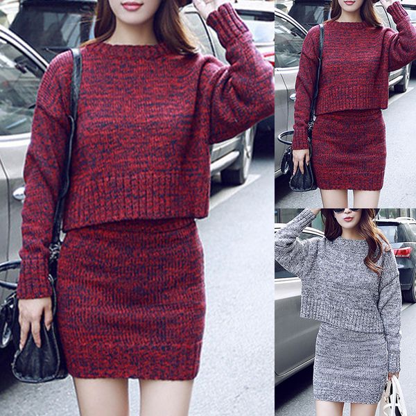 

selling women's clothing autumn and winter wool s round neck sweater two-piece bag hip skirt, White;black